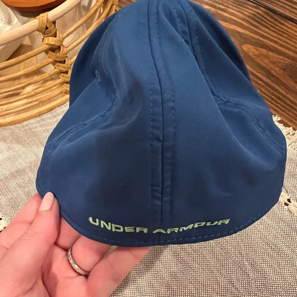 Under Armour Blue and Green Cap, youth size small/medium, fitted cap, sports.